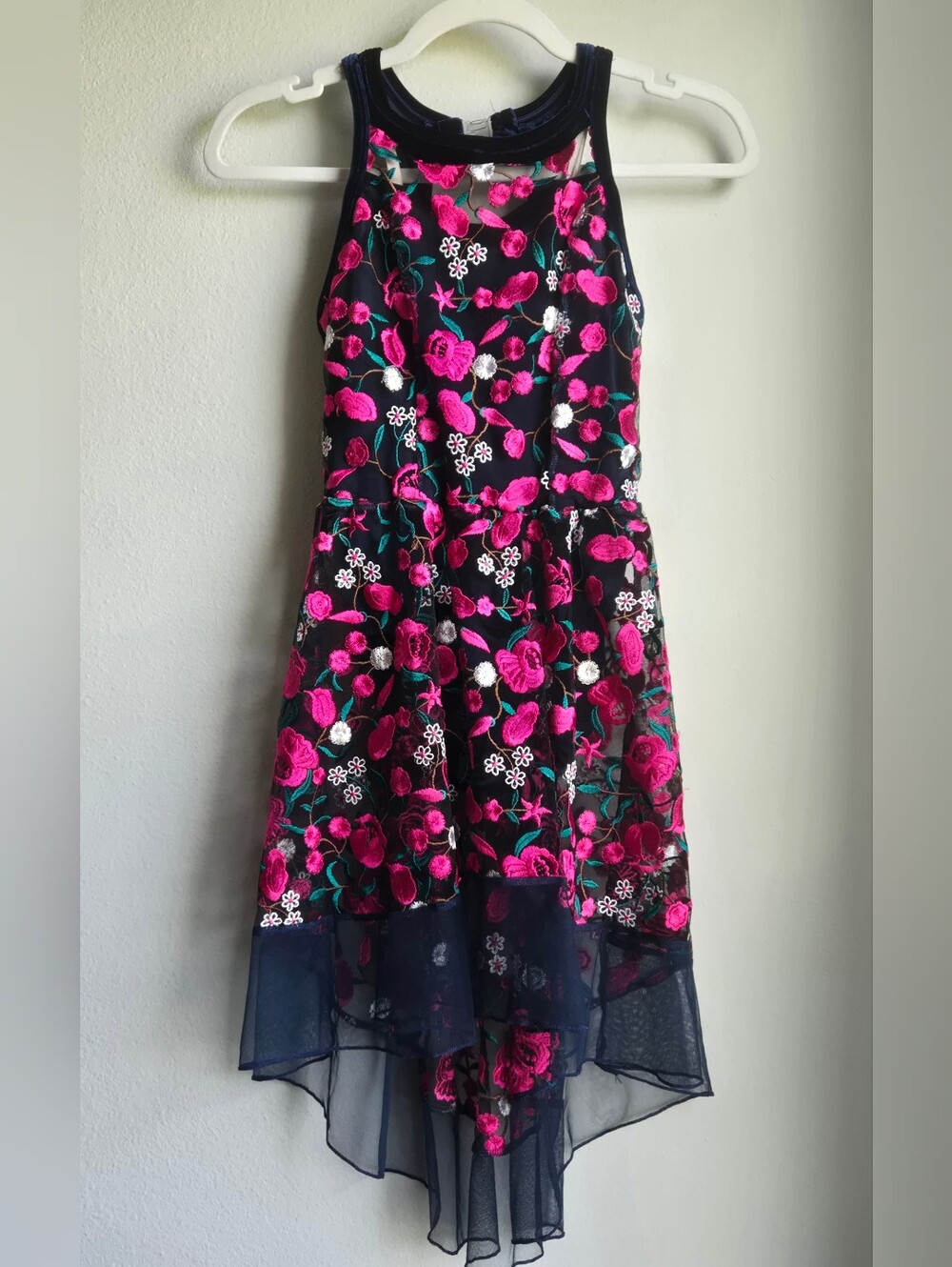 Blue Velvet Dancer Outfit w/ Hot Pink Floral Embroidered High-Low Skirt, Sz CLA